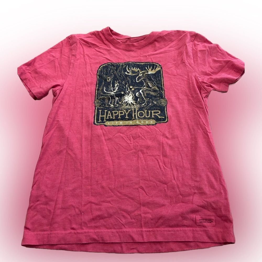 Men’s Life is Good Happy Hour Bear and Moose Campfire Tshirt